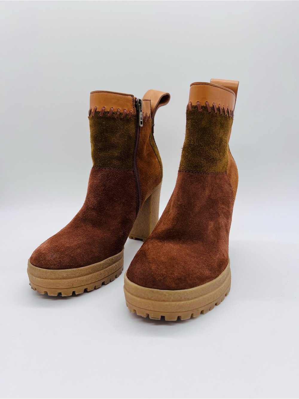 See By Chloe Two-Tone Suede Platform Ankle Boots in Brown and Olive Size 7